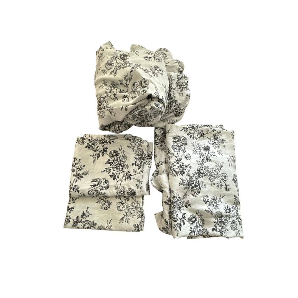 Ralph Lauren Cottage Hill Queen 4-Piece Sheet Set Black White Roses Cotton